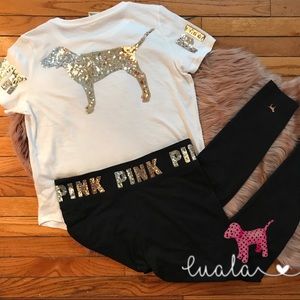 🆕 VS PINK (L) tee Bling & Leggings Campus Bling